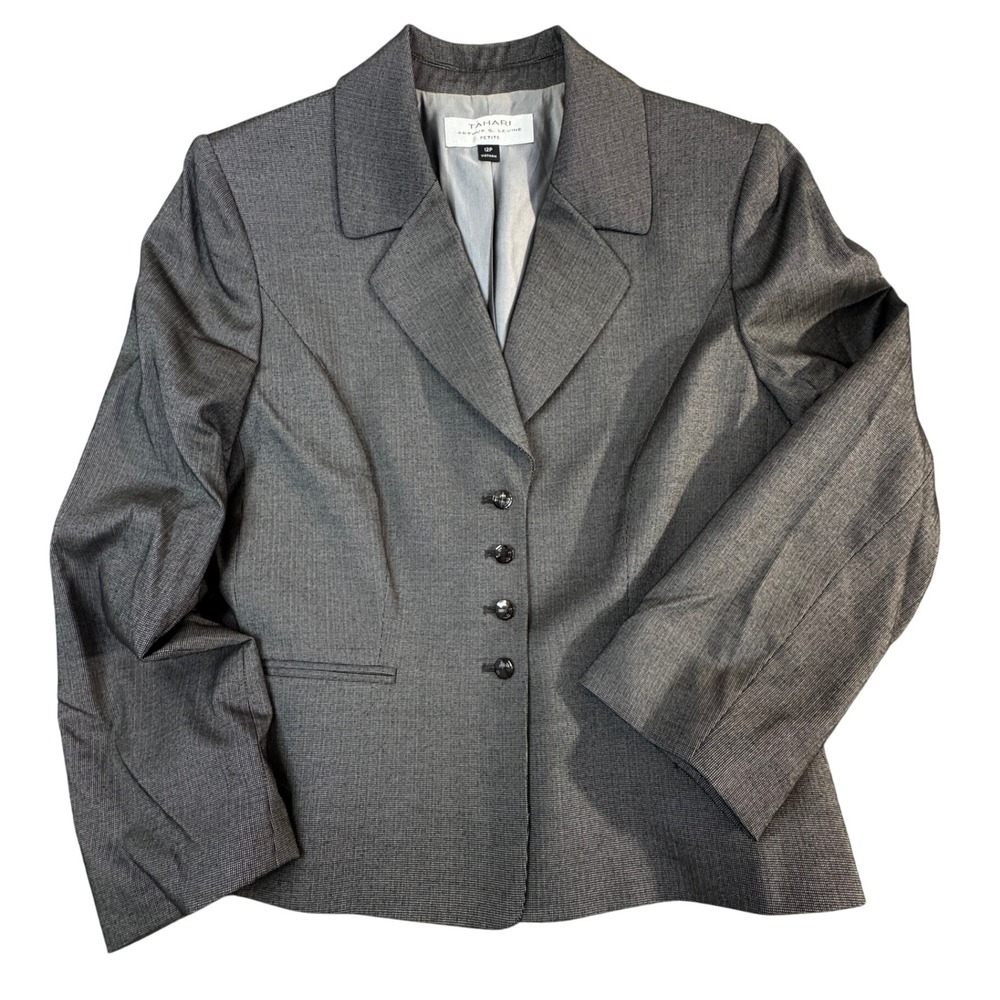 Tahari Arthur S Levine Petite Gray Blazer Jacket 4 Button Professional Size 12P